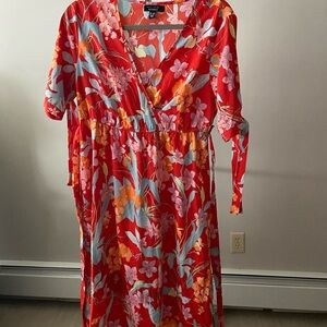 New Look Red Floral Wrap Midi Dress with Pink & Blue Accents